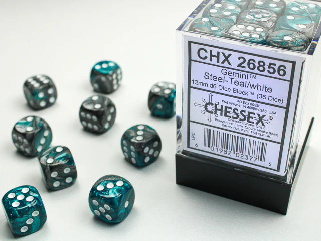 12mm d6 Steel-Teal/white (36 dice)